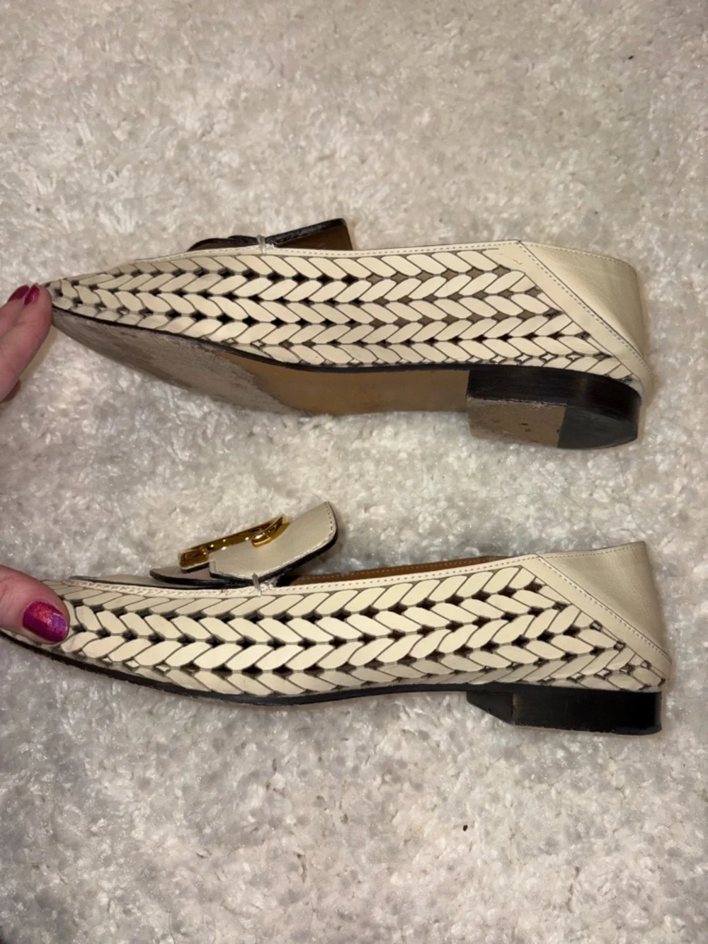 Chloe Cream and Tan Woven Leather Loafers with Gold C Accent - Picture 6 of 8
